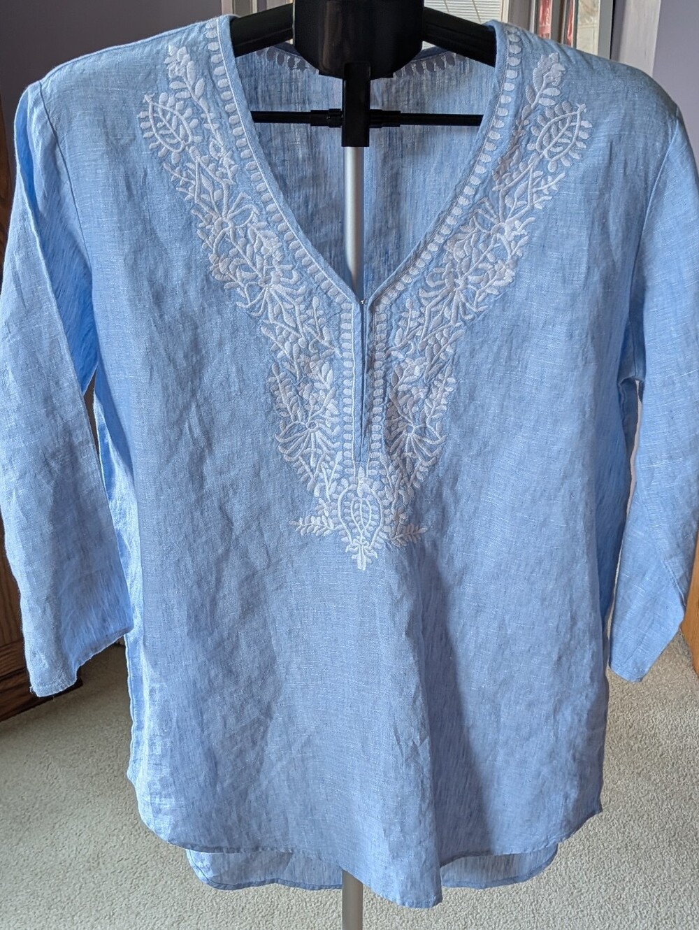 Light Blue Embroidered V-Neck Tunic Top - Women Saks Fifth Avenue - LINEN